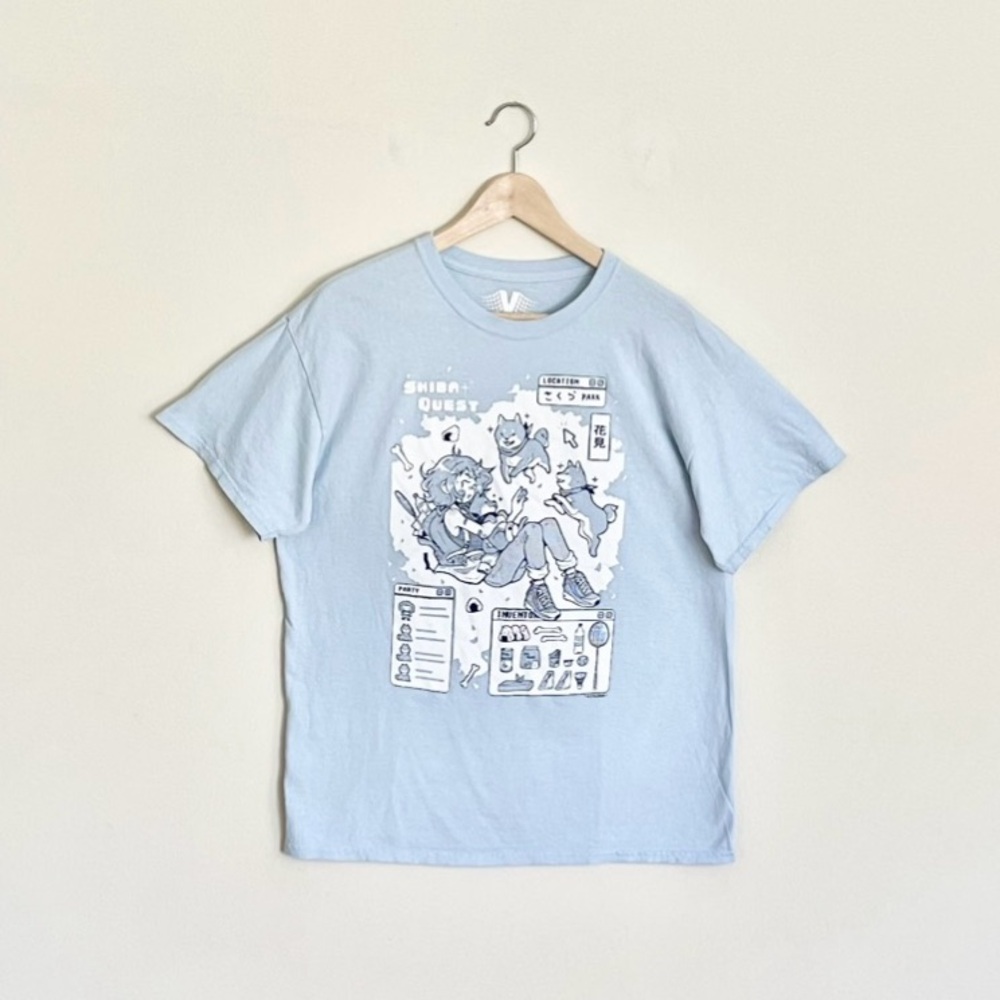 Vapor95 Shiba Quest Video Game Graphic Light Blue T Shirt Adult size Large